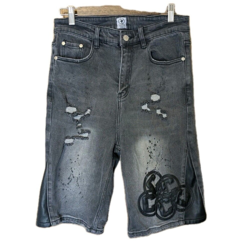 PRJCT Black Distressed Denim Jorts Size 28 Y2K Streetwear Embroidered Shorts